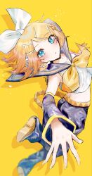  1girl ass belt black_leg_warmers black_sailor_collar black_shorts blonde_hair blue_eyes bow breasts detached_sleeves hair_bow hair_ornament hairclip headphones headset highres irasutogakari kagamine_rin leg_warmers looking_at_viewer midair neckerchief number_tattoo open_mouth parallel_hairclips sailor_collar shirt short_hair shorts simple_background sleeveless sleeveless_shirt small_breasts tattoo treble_clef vocaloid white_bow white_shirt yellow_background yellow_belt yellow_nails yellow_neckerchief yellow_trim 