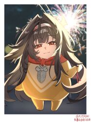  1girl absurdres animal_ears ason_(pixiv_128544446) bangboo_(zenless_zone_zero) border brown_hair closed_mouth commentary_request droopy_ears fireworks fox_ears fox_girl full_body hairband highres long_hair looking_at_viewer night outdoors pink_hairband red_eyes smile solo sprout_(zenless_zone_zero) white_border ye_shunguang zenless_zone_zero 