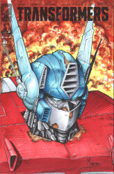  1boy autobot comic_cover commentary cover cover_page cover_sketch crissmadd english_commentary explosion explosion_background highres looking_ahead marker_(medium) mecha mecha_focus no_humans optimus_prime robot rust scan science_fiction signature solo traditional_media transformers upper_body 