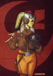  absurdres alien artist_name brown_jacket colored_skin green_eyes green_skin hands_in_pockets headphones hera_syndulla highres jacket jr_bartok lekku_(anatomy) looking_to_the_side orange_pants pants star_wars star_wars_rebels twi'lek 