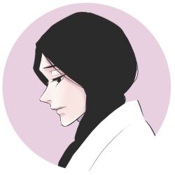  1girl anno_im black_eyes black_hair bleach braid commentary_request from_side haori japanese_clothes long_hair looking_down parted_lips pink_background portrait solo unohana_retsu white_haori 
