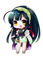  1girl :d absurdres ahoge blush_stickers bow_(weapon) brown_sandals chibi chibi_only double-parted_bangs edomura_niniko full_body green_hair green_hairband green_kimono hairband hand_on_own_hip highres holding holding_bow_(weapon) holding_weapon japanese_clothes kimono long_hair looking_at_viewer obi official_art okobo open_mouth platform_sandals purple_sash sandals sash second-party_source short_sleeves simple_background smile socks solo standing tabi touhoku_zunko transparent_background very_long_hair voiceroid weapon white_socks yellow_eyes 
