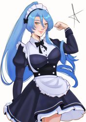  1girl absurdres apron artist_logo black_bow black_bowtie black_dress blue_hair blue_nails bow bowtie breasts clenched_hand closed_mouth commentary curtained_hair double-parted_bangs dress eiyuu_densetsu english_commentary enmaided floating_hair hair_between_eyes hand_up high_ponytail highres juliet_sleeves large_breasts laura_s._arseid layered_dress logo long_hair long_single_sidelock long_sleeves looking_at_viewer maid maid_headdress pink_lips ponytail puffy_sleeves red_draws5 sen_no_kiseki_(series) sen_no_kiseki_iii short_apron short_dress simple_background single_sidelock smile solo two-tone_dress underbust upper_body very_long_hair waist_apron white_apron white_background white_headdress yellow_eyes 
