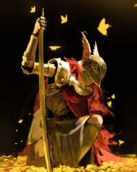  1girl absurdres amputee armor bug butterfly commentary covered_eyes doremy elden_ring gold_armor golden_sword helmet helmet_over_eyes highres long_hair malenia_blade_of_miquella mechanical_arms prosthesis prosthetic_arm prosthetic_leg red_hair single_mechanical_arm solo squatting winged_helmet 