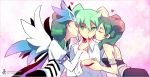  2girls adapted_costume bare_shoulders beta_(inazuma_eleven) dual_persona fei_rune green_eyes green_hair heart inazuma_eleven inazuma_eleven_(series) inazuma_eleven_go inazuma_eleven_go_chrono_stone keshin_armed kiss kokuu_no_megami_athena long_hair multiple_girls protocol_omega smile twintails wings 