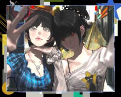  2girls absurdres black_hair blue_eyes blunt_bangs blush bra_strap breasts chainsaw_man collarbone commentary_request cross_scar fashion glowing_pupils hair_ornament hand_on_another's_chin highres hkhvita jewelry lips mitaka_asa multiple_girls necklace red_eyes scar scar_on_cheek scar_on_face scar_on_nose shaded_face shirt single-shoulder_shirt smile striped_clothes striped_shirt v yoru_(chainsaw_man) 