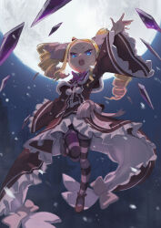  1girl absurdres beatrice_(re:zero) blonde_hair blue_eyes capelet child commentary_request crown dress drill_hair floating full_body full_moon fur-trimmed_capelet fur_trim hair_ornament highres kinn_(kinn70133) long_hair long_sleeves mini_crown moon open_mouth pantyhose re:zero_kara_hajimeru_isekai_seikatsu red_capelet shoes solo striped_clothes striped_pantyhose twin_drills wide_sleeves 