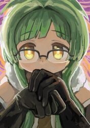  1girl absurdres artist_logo black-framed_eyewear black_gloves colorful_background commentary_request dido_(di_do_di_do) elbow_gloves fur_trim gloves green_hair hair_intakes highres logo long_sidelocks mahou_shoujo_madoka_magica mahou_shoujo_madoka_magica:_walpurgis_no_kaiten own_hands_together portrait semi-rimless_eyewear shi_choka short_hair short_hair_with_long_locks side_part sidelocks solo yellow_eyes 