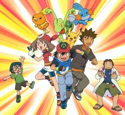  1girl 4boys :3 =_= absurdres anime_coloring arm_up artist_request ash_ketchum backpack bag bandana baseball_cap beard belt bike_shorts bike_shorts_under_skirt black-framed_eyewear black_belt black_gloves black_hair black_socks blue_eyes blue_pants blue_shirt blue_shoes blue_shorts brock_(pokemon) brother_and_sister brown_hair brown_jacket brown_pants brown_sandals brown_shorts child clenched_hands closed_eyes closed_mouth coat collared_shirt commentary dark-skinned_male dark_skin dot_nose english_commentary eyelashes facial_hair fingerless_gloves full_body glasses gloves green_shirt green_shoes green_shorts grey_shoes hair_between_eyes hat highres holding holding_poke_ball jacket lab_coat max_(pokemon) may_(pokemon) medium_hair mudkip multiple_boys nostrils official_art on_head open_clothes open_coat open_mouth pants pikachu poke_ball poke_ball_(basic) pokemon pokemon_(anime) pokemon_(creature) pokemon_on_head pokemon_the_series:_ruby_and_sapphire professor_birch promotional_art red_bandana red_hat red_shirt sandals shirt shoes short_hair short_sleeves shorts siblings skirt smile socks spiky_hair starter_pokemon_trio third-party_source toenails toes torchic treecko white_coat white_gloves white_skirt 