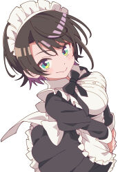  1girl absurdres apron black_bow black_bowtie black_dress black_hair blue_eyes bow bowtie breasts closed_mouth commentary dress frilled_apron frilled_dress frills highres hololive irodori_drawpic juliet_sleeves large_breasts long_sleeves looking_at_viewer maid maid_apron maid_headdress oozora_subaru puffy_sleeves short_hair simple_background sleeve_cuffs smile solo swept_bangs virtual_youtuber white_apron white_background 