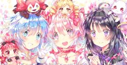  6+girls :d ahoge akemi_homura akemi_homura_(magical_girl) aqua_hair black_hair black_hairband blonde_hair blue_eyes bow charlotte_(madoka_magica) chibi chibi_on_head chibi_on_shoulder collar commentary_request creature creature_on_head drill_hair gloves grin hair_bow hair_intakes hairband interlocked_fingers jewelry kaname_madoka kaname_madoka_(magical_girl) kyubey long_hair mahou_shoujo_madoka_magica mahou_shoujo_madoka_magica_(anime) medium_hair miki_sayaka miki_sayaka_(magical_girl) mini_person mini_person_on_head mini_person_on_shoulder minigirl multiple_girls on_head pendant pink_eyes pink_hair purple_bow red_bow red_eyes red_hair sakura_kyoko sakuya_no_aotori sharp_teeth short_hair smile soul_gem_(madoka_magica) teeth tomoe_mami twin_drills upper_teeth_only violet_eyes white_background white_collar white_gloves yellow_eyes 