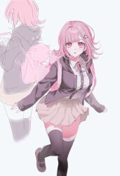  1girl absurdres animal_bag backpack bag black_thighhighs breasts brown_hair brown_skirt cat_bag collared_shirt commentary d: danganronpa_(series) danganronpa_2:_goodbye_despair flipped_hair hair_ornament highres hood jacket long_sleeves looking_at_viewer medium_hair multiple_views nanami_chiaki neck_ribbon nyapitalism open_clothes open_jacket pink_bag pink_eyes pink_ribbon pleated_skirt ribbon shirt simple_background skirt teeth thigh-highs untranslatable_commentary upper_teeth_only white_shirt zettai_ryouiki 