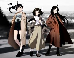  3girls ahoge araragi_karen araragi_tsukihi arm_at_side black_hair black_shoes black_shorts black_skirt black_socks blunt_bangs blunt_ends blurry blurry_background breasts brown_eyes brown_shoes chromatic_aberration clothes_writing coat collarbone contrapposto cross-laced_shoes egg_hair_ornament floating_clothes floating_hair food-themed_hair_ornament fringe-trimmed_shawl fringe_trim full_body gesugesu_ahoaho grey_eyes grey_shawl grey_shirt grey_skirt grey_theme grin hair_between_eyes hair_flaps hair_ornament hand_on_own_hip hands_in_pockets high-waist_shorts lapels light_blush long_coat long_hair long_skirt long_sleeves looking_at_viewer medium_breasts medium_hair monogatari_(series) multiple_girls notched_lapels open_clothes open_coat orange_coat outdoors pinky_out plaid_clothes plaid_shawl sengoku_nadeko shadow shawl shirt shirt_tucked_in shoes shorts side_ponytail skirt small_breasts smile sneakers socks solo standing striped_coat sweater sweater_tucked_in turtleneck turtleneck_sweater v-shaped_eyebrows vertical-striped_coat white_socks white_sweater yellow_coat 