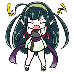  1girl absurdres ahoge arms_up chibi chibi_only clenched_hands closed_eyes edomura_niniko facing_viewer full_body green_hair green_hairband green_kimono hairband highres japanese_clothes kimono long_hair obi official_art okobo open_mouth platform_sandals purple_sash sandals sash second-party_source short_sleeves simple_background socks solo standing tabi touhoku_zunko transparent_background two_side_up v-shaped_eyebrows very_long_hair voiceroid white_socks 