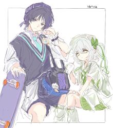  1boy 1girl alternate_costume asymmetrical_sidelocks bag beret bishounen black_bag black_eyes black_hair black_shorts black_sweater_vest blue_necktie blunt_ends bright_pupils closed_mouth collared_shirt commentary_request contemporary cross-shaped_pupils cup drinking_straw expressionless feathers floatli genshin_impact glass green_eyes green_hair green_skirt hand_on_own_face hand_on_own_thigh hand_up hat head_tilt highres holding holding_cup leg_warmers long_hair looking_at_viewer multicolored_hair nahida_(genshin_impact) necktie official_alternate_costume pleated_skirt pointy_ears pom_pom_(clothes) purple_hat round_collar scaramouche_(genshin_impact) school_uniform shirt short_sleeves shorts shoulder_bag side_ponytail sidelocks sitting skateboard sketch skirt split_mouth streaked_hair sweater_vest symbol-shaped_pupils tsurime undershirt v-neck wanderer_(genshin_impact) wanderer_(mega_mgc_coffee)_(genshin_impact) white_background white_hair white_hat white_leg_warmers white_pupils white_shirt white_sleeves white_wrist_cuffs wing_collar wrist_cuffs yellow_feathers 