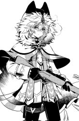  1boy alyosha_(genshin_impact) animal_ears cape closed_mouth commentary cowboy_shot earmuffs expressionless fake_animal_ears floating_cape fur-trimmed_cape fur_trim genshin_impact gloves greyscale gun hair_between_eyes heavy_breathing highres holding holding_gun holding_weapon hood hooded_cape imakariiii jacket long_sleeves looking_at_viewer male_focus monochrome pants pouch rifle shirt short_hair simple_background sniper_rifle solo standing tassel thigh_pouch turtleneck turtleneck_shirt weapon 