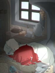  1girl ange_katrina bread coat commentary_request crystal cup desk food hair_spread_out hand_up head_down highres holding holding_test_tube indoors long_sleeves medium_hair nijisanji official_alternate_costume page_of_lambda paper red_hair saucer sleeping sleeping_on_desk solo teacup teapot test_tube test_tube_rack umihisa1204 virtual_youtuber white_coat window 