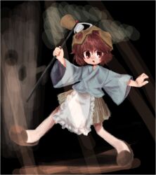  1other :o androgynous apron bad_id bad_twitter_id bare_legs black_background blue_kimono brown_hakama brown_helmet brown_slippers commentary_request eyes_visible_through_hair frilled_apron frills full_body hair_between_eyes hakama hakama_short_skirt hakama_skirt hammer haniwa_(statue) helmet holding holding_hammer jandare japanese_clothes katano_sukune katano_sukune's_bottle_opener kimono len'en light_blush light_rays long_sleeves open_mouth other_focus outstretched_leg red_eyes red_hair short_hair short_kimono skirt slippers solo surprised waist_apron white_apron wide_sleeves 