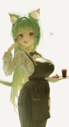  !? 1girl absurdres animal_ear_fluff animal_ears apron backlighting black_apron black_bow black_bowtie black_pants bow bowtie breasts collared_shirt commentary cookie cowboy_shot cup drinking_glass food food_in_mouth from_side green_hair hair_intakes hand_up highres holding holding_tray large_breasts long_hair looking_at_viewer looking_to_the_side macaroon303 notebook original pants pen pink_hair shirt simple_background small_sweatdrop solo standing straight_hair traditional_bowtie tray turning_head untranslatable_commentary very_long_hair waitress white_background white_shirt 