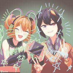  absurdres ahoge album_cover animal_ears bare_shoulders black_sclera black_skirt blonde_hair blue_eyes bug buruhas collared_shirt colored_sclera cosplay cover detached_sleeves dooby dottovu drawn_whiskers fake_animal_ears green_neckerchief hair_between_eyes halter_shirt halterneck headphones heterochromia highres indie_virtual_youtuber multicolored_hair multiple_girls navel neckerchief necktie open_mouth red_eyes shirt short_hair skirt smile star_(symbol) streaked_hair sweater_vest v virtual_youtuber vocaloid 