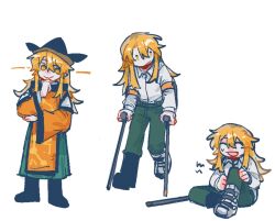  1girl :d ^_^ alternate_costume black_hat blonde_hair cane closed_eyes closed_mouth constellation_print detached_sleeves green_pants green_skirt hat highres holding holding_cane l_fzxxxx long_hair long_sleeves matara_okina multiple_views open_mouth orange_sleeves orange_tabard pants shirt skirt smile sun_print sweatdrop tabard touhou white_shirt wide_sleeves yellow_eyes 