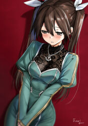  1girl alternate_costume anchor_necklace artist_logo brown_eyes brown_hair commentary_request dress eckert&amp;eich green_dress hair_ribbon highres jewelry juliet_sleeves kantai_collection logo long_hair long_sleeves looking_down necklace one-hour_drawing_challenge puffy_sleeves red_background ribbon solo standing tone_(kancolle) v_arms 