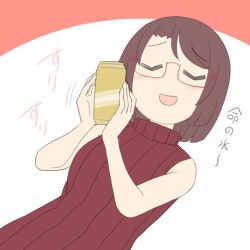  1girl :d bare_arms bare_shoulders beer_can blush brown_hair can closed_eyes drink_can dutch_angle glasses hands_up holding holding_can juukyuu nanako_(juukyuu) original red-framed_eyewear red_background red_sweater ribbed_sweater semi-rimless_eyewear sleeveless sleeveless_sweater sleeveless_turtleneck smile solo sweater translation_request turtleneck turtleneck_sweater two-tone_background under-rim_eyewear white_background 