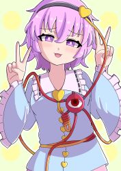  1girl absurdres black_hairband blue_shirt blush breasts bright_pupils buttons commentary_request contrast_collar disembodied_linked_eye dot_nose double_v eyeball frilled_shirt_collar frilled_sleeves frills hair_between_eyes hair_ornament hairband hands_up head_tilt heart heart_button heart_hair_ornament highres komeiji_satori long_sleeves looking_at_viewer open_mouth outline pink_eyes pink_hair polka_dot polka_dot_background raised_inner_eyebrows ribbon-trimmed_collar ribbon_trim shirt short_hair simple_background small_breasts smile solo standing touhou upper_body v white_outline wide_sleeves yellow_background you-ten25 