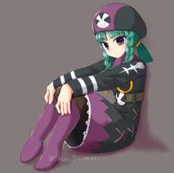  1girl belt black_dress boots brown_belt brown_pantyhose closed_mouth commentary_request dress green_hair grey_background hat high_heel_boots high_heels light_blush long_sleeves looking_at_viewer mega_man_(series) mega_man_battle_network_(series) miyu_(mega_man) pantyhose purple_boots shu_salmon sitting solo twitter_username violet_eyes 