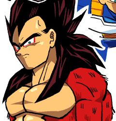 1boy black_hair body_fur collage dragon_ball dragon_ball_gt english_commentary eyeliner green_eyes long_hair makeup male_focus monkey_boy multiple_persona muscular muscular_male oekaki pectorals red_eyeliner red_fur saiyan_armor spiky_hair super_saiyan super_saiyan_4 teknodice toriyama_akira_(style) vegeta widow's_peak 