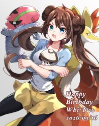 1girl accelgor angry black_pantyhose blue_eyes brown_hair dated delphox donut_hair_bun double_bun floating_hair foongus hair_bun happy_birthday highres holding holding_pokemon makomako8oh pantyhose pantyhose_under_shorts poke_ball_print pokemon pokemon_(creature) pokemon_adventures raglan_sleeves rosa_(pokemon) shorts twintails white_background yellow_shorts 