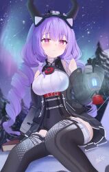  1girl absurdres arknights arknights:_endfield aurora bare_shoulders black_gloves black_horns black_overskirt blush book breasts closed_mouth commentary_request demon_horns detached_sleeves framed_breasts gloves hairband highres holding holding_lantern horns lantern light_smile long_hair long_sleeves looking_at_viewer medium_breasts outdoors overskirt pink_eyes purple_hair sichuan_luo_li sitting snow solo star_(sky) thigh-highs tree twintails typhoeus_(arknights) typhon_(arknights) 