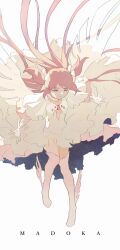 1girl absurdres character_name commentary_request dress english_text frilled_dress frills gloves hair_ornament highres kaname_madoka long_hair magical_girl mahou_shoujo_madoka_magica mahou_shoujo_madoka_magica_(anime) orange_eyes pink_hair pink_thighhighs simple_background smile thighhighs ultimate_madoka white_background white_dress white_gloves yaseinotaso