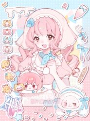  1girl animal animal_costume animal_ear_hood animal_ears apron baby_animal bare_arms ben-day_dots bird blue_border blue_bow blue_bowtie blue_hairband blue_scarf border bow bowtie brown_eyes cake cat character_cake chick chinese_commentary cloak clothed_animal commentary_request commission confetti cowboy_shot daodangou dot_nose dress drill_hair eyelashes floppy_ears food frilled_apron frilled_hairband frills fur-trimmed_cloak fur_trim gifty_(nikki) gradient_border hairband halftone halftone_background hat hat_bow headscarf highres holding holding_plate hood hood_up hooded_cloak infinity_nikki lace-trimmed_headwear lace_trim light_blush lolita_hairband long_hair lop_rabbit_ears low_twintails melody_bloom_(infinity_nikki) momo_(fluffy)_(infinity_nikki) momo_(nikki) nikki_(series) notice_lines official_alternate_costume open_mouth outline pasteur_pipette pink_border pink_dress pink_hair pink_headscarf plate puffy_short_sleeves puffy_sleeves rabbit_costume rabbit_ears rolling_pin sample_watermark scarf screentones shining_nikki short_sleeves sidelocks smile standing star_(symbol) tareme twin_drills twintails two-tone_border waist_apron watermark whimstar_(infinity_nikki) whisk white_apron white_background white_cat white_cloak white_outline yarn 