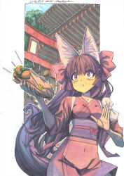  1girl ahoge animal_ear_fluff animal_ears arm_bow border bow breasts brown_hair commentary covered_navel dated day eyeshadow fingernails fluffy_tail food fox_ears fox_girl fox_tail hair_bow highres holding holding_food holding_sandwich hot_dog japanese_clothes kimono light_blush long_fingernails long_hair makeup marker_(medium) meiz multiple_hair_bows obi open_hand original outdoors outline parted_lips red_eyes red_eyeshadow sandwich sash shikishi shrine signature sky slit_pupils small_breasts solo tail torii traditional_media tree v-shaped_eyebrows white_border white_outline yukata 