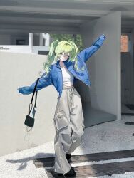  1girl absurdres bag black_bag black_shoes blue_jacket commentary_request day full_body green_hair grey_pants handbag highres jacket korean_commentary long_hair long_sleeves midriff open_clothes open_jacket outdoors oxoxozoa pants photo-referenced photo_background shadow shirt shoes sleeves_past_wrists solo standing stellive twintails virtual_youtuber wavy_hair white_shirt yuzuha_riko 