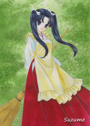 1girl apron artist_name bamboo_broom black_hair blue_eyes broom closed_mouth colored_pencil_(medium) feet_out_of_frame frilled_apron frills green_background hair_ribbon hakama hakama_skirt holding holding_broom japanese_clothes kimono leaf long_hair looking_at_viewer miko original red_hakama ribbon skirt smile solo standing suzumame traditional_media twintails white_kimono white_ribbon yellow_apron 