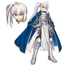  1boy ahoge androgynous armor blue_cape blue_eyes breastplate cape commentary_request commission fate_(series) full_body gauntlets gold_trim grey_hair hand_on_own_hip highres loholt_pendragon_(yevdokiya) long_hair looking_at_viewer male_focus original pelvic_curtain shoori_(migiha) side_ponytail simple_background solo takeuchi_takashi_(style) white_background 