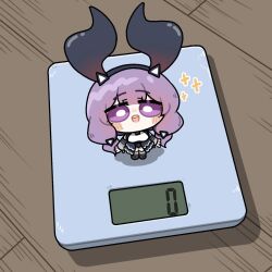  1girl :d arknights arknights:_endfield black_horns bro_doesn't_even_exist_(meme) chibi chibi_only commentary double-parted_bangs english_commentary full_body highres horns kitchen_scale large_horns long_hair looking_at_viewer low-tied_long_hair meme mini_person minigirl mole mole_under_mouth open_mouth purple_hair reynamadrista smile solo sparkle typhoeus_(arknights) typhon_(arknights) violet_eyes weighing_scale 