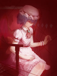  1girl absurdres ascot back_bow bat_wings blue_hair bow brooch frilled_skirt frilled_wrist_cuffs frills hat hat_ribbon highres jewelry lipstick makeup mob_cap pink_hat pink_shirt pink_skirt puffy_short_sleeves puffy_sleeves red_ascot red_bow red_eyes red_lips red_nails remilia_scarlet ribbon shirt short_hair short_sleeves single_wrist_cuff sitting skirt skirt_set solo touhou user_ynsy3544 wings wrist_cuffs 