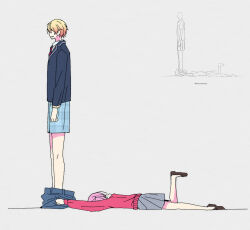  1boy 1girl blazer blonde_hair blue_male_underwear boxers cardigan clothes_pull collared_shirt diagonal-striped_clothes diagonal-striped_necktie gradient_hair highres jacket kamiyama_high_school_uniform_(project_sekai) lilyburglar long_sleeves male_underwear miyamasuzaka_girls'_academy_school_uniform multicolored_hair multicolored_necktie necktie ootori_emu open_mouth orange_hair pants pants_pull pink_cardigan pink_hair plaid_clothes plaid_shorts project_sekai school_uniform shirt short_hair shorts striped_clothes striped_necktie tenma_tsukasa underwear 