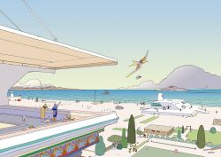  animal architecture arm_up artist_name beach bird building bush clouds day dog highres horizon lamppost leaning_forward moebius mountainous_horizon ocean original outdoors people retrofuturism riding riding_bird scenery signature sky tree very_wide_shot water watercraft 