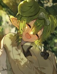  1girl ^_^ akasannn_g24 black_flower blurry blurry_background bow closed_eyes donut_hair_bun double_bun ear_tufts facing_viewer flower flower_bed_lidelle flower_ornament forest green_bow green_sweater hair_between_eyes hair_bow hair_bun hand_up happy highres lidelle_(puyopuyo) light_particles long_sleeves nature open_mouth outdoors pointy_ears puyopuyo puyopuyo_quest ribbed_sweater shirt sleeveless sleeveless_shirt sleeves_past_fingers sleeves_past_wrists smile solo sweater upper_body white_shirt 