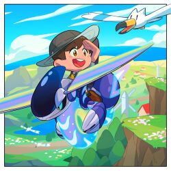  1boy anjohink arm_up bird black_sclera black_socks blue_eyes blue_sky blush blush_stickers border brown_eyes brown_hair brown_shoes building chibi cliff clouds colored_sclera commentary day english_commentary florian_(pokemon) flying grey_hat hat highres house male_focus miraidon non-humanoid_robot open_mouth outdoors pokemon pokemon_scarlet_and_violet riding riding_pokemon robot shoes short_hair short_sleeves sky smile socks teeth tree upper_teeth_only white_border windmill wingull |_| 