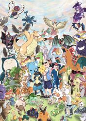  1boy :> =_= alternate_color antennae ash-greninja ash_ketchum baseball_cap bayleef bird black_hair black_jacket black_shoes blue_shorts blue_sky blue_vest boldore breath_weapon breathing_fire brown_eyes buizel bulbasaur butterfree charizard charos_(cha_ros) claws closed_eyes closed_mouth clothed_pokemon clouds cloudy_sky colored_sclera commentary_request crossed_arms day donphan dracovish dragon dragon_wings everyone fang fangs fire flying food gengar gible glalie gliscor goodra green_eyes greninja grin hair_between_eyes hat hawlucha heracross highres holding holding_food holding_pokemon holding_shield holding_spring_onion holding_vegetable holding_weapon horns incineroar infernape insect_wings jacket kingler krookodile lapras larvitar leavanny lucario lycanroc lycanroc_(dusk) melmetal muk naganadel noctowl noivern nose_bubble nostrils one_eye_closed open_clothes open_jacket open_mouth open_vest oshawott outdoors palpitoad pidgeot pignite pikachu plant pokemon pokemon_(anime) pokemon_(creature) pokemon_journeys primeape quilava red-framed_eyewear red_eyes red_hat rowlet scarf sceptile scraggy sharp_teeth shield shiny_pokemon shirt shoes short_hair short_sleeves shorts sirfetch'd sky sleeping smile snivy snorlax solgaleo spikes spring_onion squirtle standing staraptor sunglasses swellow talonflame tauros teeth tongue torkoal torterra totodile tree unfezant unfezant_(female) vegetable vest vines weapon white_shirt wings yellow_eyes yellow_scarf yellow_sclera 