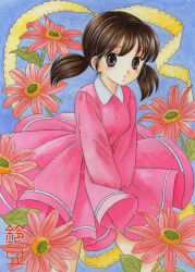  1girl artist_name black_hair brown_eyes collared_dress colored_pencil_(medium) contrast_collar cowboy_shot daisy_(flower) doraemon dress dress_tug flower leaning_forward looking_at_viewer medium_hair minamoto_shizuka parted_lips pink_dress puffy_sleeves red_flower solo standing suzumame traditional_media twintails 