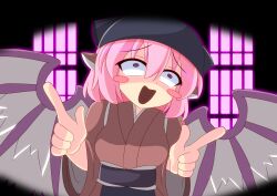  1girl animal_ears bird_ears black_headscarf blush_stickers breasts brown_kimono commentary_request damiwi feathered_wings headscarf highres index_finger_raised japanese_clothes kimono looking_up medium_breasts mystia_lorelei okamisty open_mouth parody pink_hair pukey_goddess_shot_trick purple_wings raised_inner_eyebrows shaded_face short_hair solo touhou upper_body vignetting violet_eyes wings 