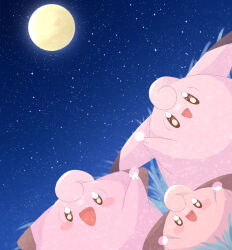  :d appyon_(archangel_ayp) clefable clefairy cleffa colored_skin commentary_request full_moon highres moon night no_humans open_mouth pink_skin pokemon pokemon_(creature) pokemon_focus smile star_(sky) 