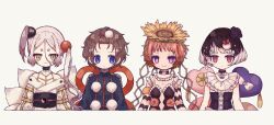  4girls amy_(mahoiku) black_hair blue_eyes brown_hair butter_run closed_mouth commentary_request flower fox_girl fox_tail fukuroi_marika hair_flower hair_ornament highres japanese_clothes long_hair magical_girl mahou_shoujo_ikusei_keikaku mahou_shoujo_ikusei_keikaku_f2p mahou_shoujo_ikusei_keikaku_jokers monako_(mahoiku) multicolored_hair multiple_girls orange_hair red_eyes short_hair smile styler_mimi tail two-tone_hair violet_eyes white_hair yellow_eyes yellow_flower 