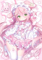  1girl :o animal_ears bare_shoulders blunt_bangs blush bow bowtie commentary_request cowboy_shot detached_sleeves double-parted_bangs drop_shadow frilled_skirt frills garter_straps green_eyes hair_between_eyes hair_bow hair_ornament hairband hands_up heart heart_hair_ornament index_finger_raised long_hair long_sleeves looking_at_viewer miniskirt multicolored_hair one_side_up open_mouth original pink_bow pink_bowtie pink_hair pink_skirt pink_streaks pleated_skirt pom_pom_(clothes) pom_pom_hair_ornament rabbit_ears rabbit_girl shirt skirt sleeveless sleeveless_shirt sleeves_past_wrists solo star_(symbol) streaked_hair thigh-highs tsukimi_mumi very_long_hair white_hairband white_shirt white_sleeves white_thighhighs wide_sleeves x_hair_ornament 